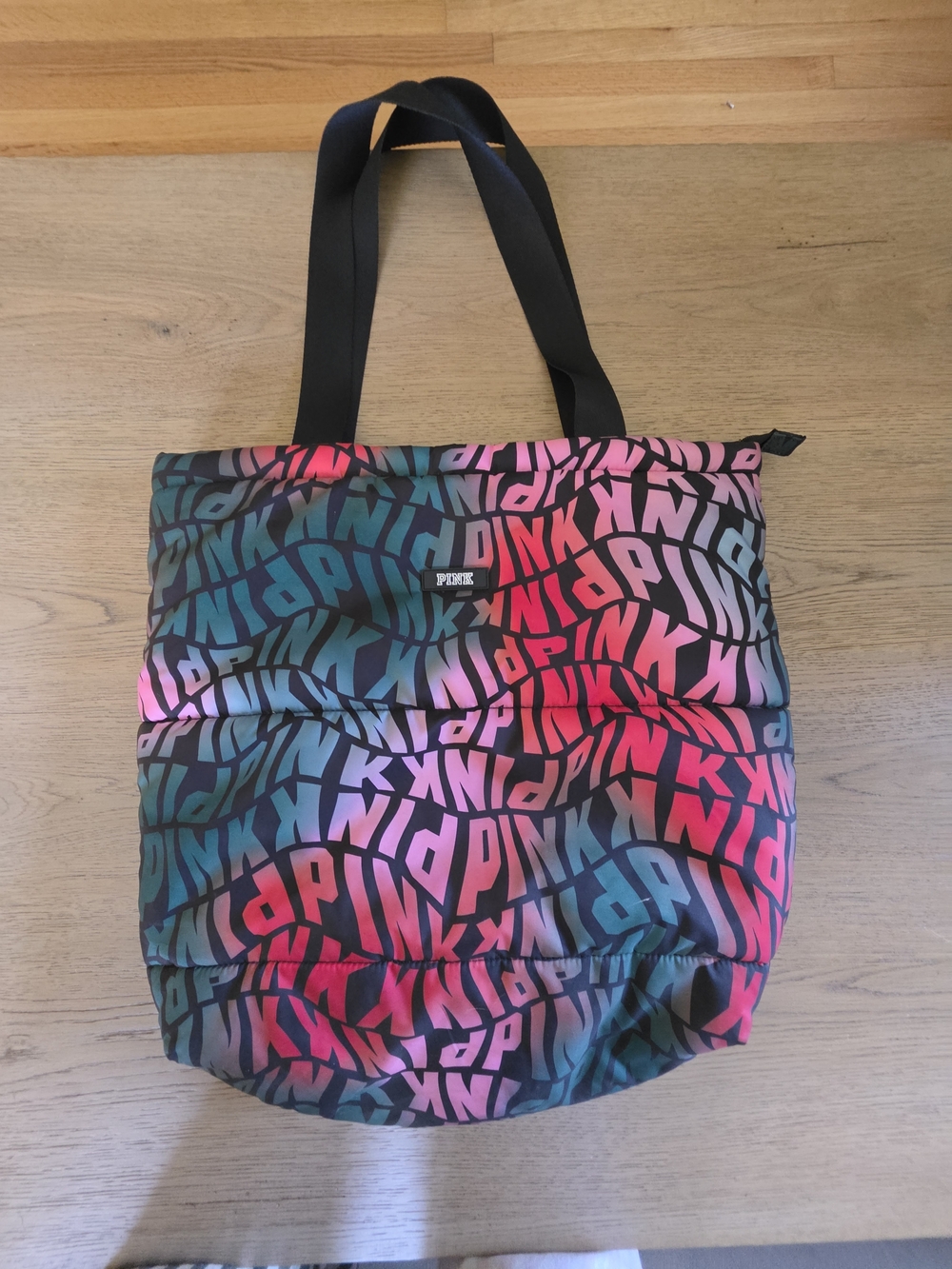 PINK Victoria's Secret Multicolor Gradient Logo Quilted Tote with Black Straps